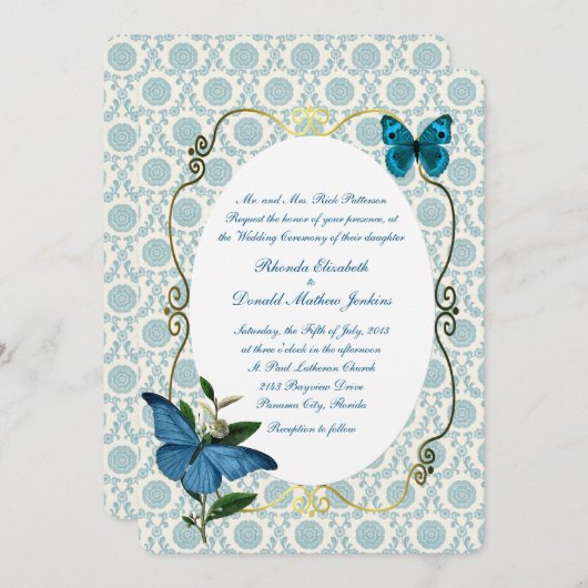 Vintage Blue Butterflies Wedding Kaart (Voorkant / Achterkant)
