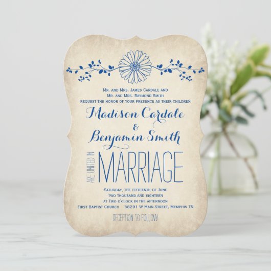 Vintage Blue Daisy Rustic Wedding Invitations (Debout devant)