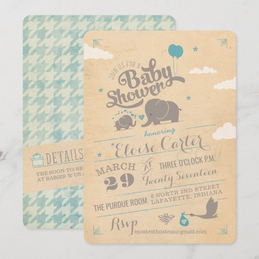 Vintage Blue Elephant Baby Shower Invitations (Devant / Derrière)