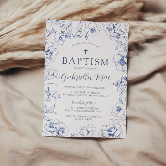 Vintage Blue Floral Baptism Invitation