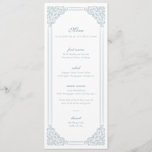 Vintage Blue Ornate Frame Mariage Menu + Merci (Devant)