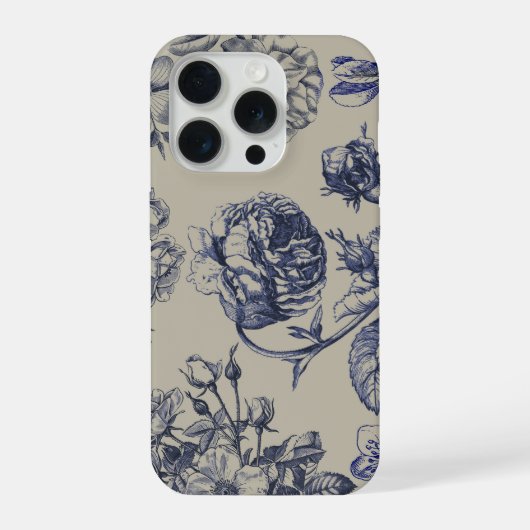 Vintage Blue Toile Botanical Floral Phone Case (Verso)