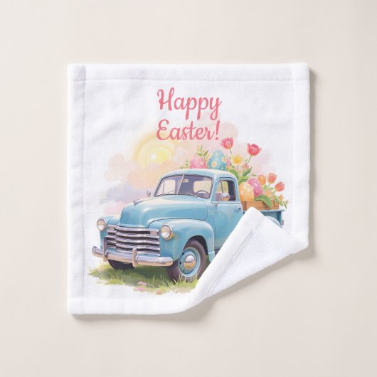 Vintage Blue Truck with Easter Eggs & Tulips (Gant de toilette)