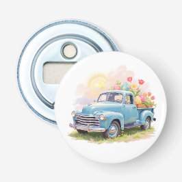 Vintage Blue Truck with Easter Eggs & Tulips Button Flesopener
