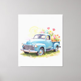 Vintage Blue Truck with Easter Eggs & Tulips Canvas Afdruk