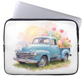 Vintage Blue Truck with Easter Eggs & Tulips Laptop Sleeve