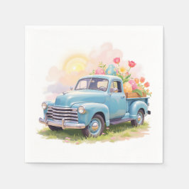 Vintage Blue Truck with Easter Eggs & Tulips Servet