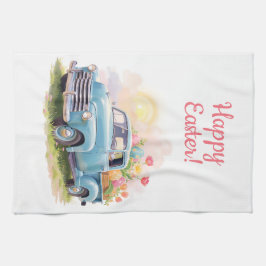 Vintage Blue Truck with Easter Eggs & Tulips Theedoek