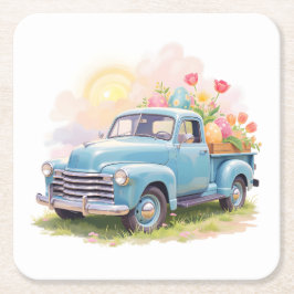 Vintage Blue Truck with Easter Eggs & Tulips Vierkante Kartonnen Onderzetter