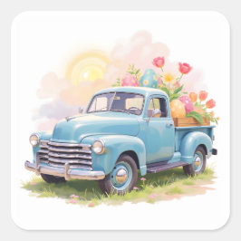 Vintage Blue Truck with Easter Eggs & Tulips Vierkante Sticker