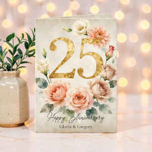 Vintage Blush Bloemenaquarel 25ste Verjaardag Kaart