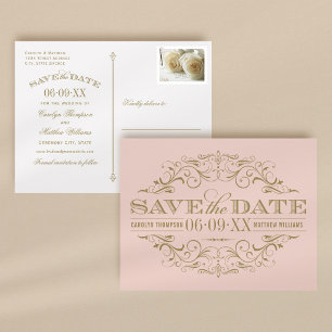 Vintage Blush Gouden Krulwerk Bewaar de Datum Aankondigingskaart