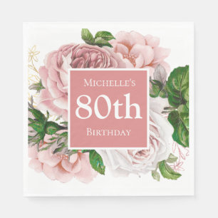 Vintage Blush Pink Floral Greenery 80th Birthday Servet