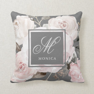 Vintage Blush Waterverf Rozen op grijs   Monogram Kussen