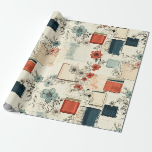 Vintage Boeken Koraal Teal Bloemenscrapboek Cadeaupapier