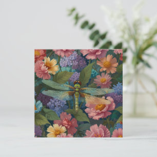 Vintage boho chic pastel bloemrijke tuin libel kaart