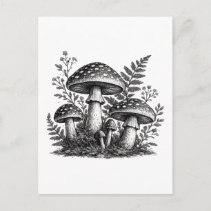 Vintage bos-paddenstoelen linosnede briefkaart