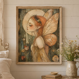 Vintage Bosfee met Bloemenkrans Fantasie Kunst Poster