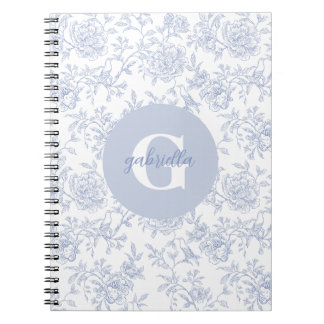 Vintage Botanical Floral Toile Blue White Monogram Notitieboek
