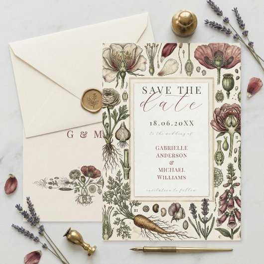 Vintage Botanical Herbs Vegetables Save The Date