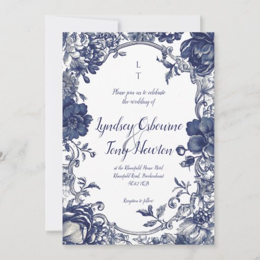 Vintage Botanical Wedding Invitation in Blue (Devant)
