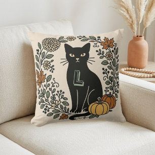 Vintage Botanicals Zwarte Kat Monogram Herfstkleur Kussen