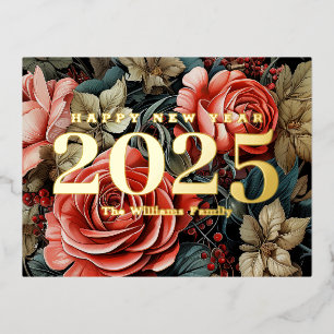 Vintage Botanische Bloemen Gelukkig Nieuwjaar 2027 Folie Feestdagen Briefkaart