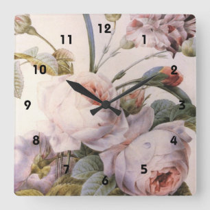 vintage botanische illustratie, roze roze roze vierkante klok