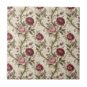 Vintage Botanische Roos & Damast Bloempatroon Kuns Tegeltje