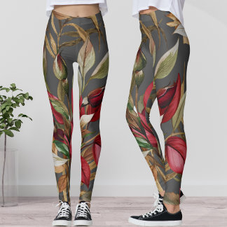 Vintage Botanische Rozen en Palmbladeren Grijs Leggings