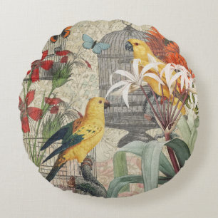 Vintage Botanische Vogel Natuur Antiek Tropisch Rond Kussen