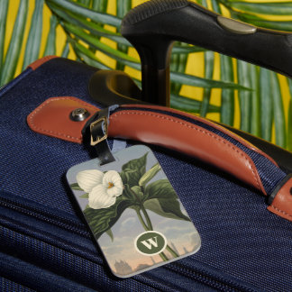 Vintage botanische witte Trillium-monogram initiaa Bagagelabel