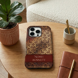 Vintage Bourgondië Leer Boho Botanisch Loof iPhone 16 Pro Hoesje