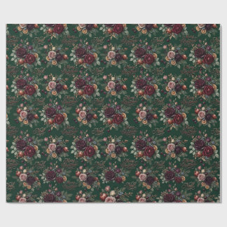 Vintage Bourgondië Roos Bloem- en Citrus Kerstmis Cadeaupapier