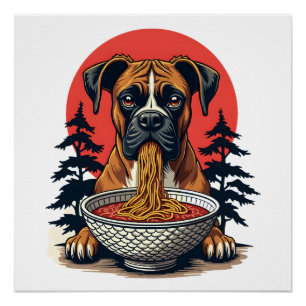 Vintage Boxer Hond Eet Ramen Japanse Zonsondergang Perfect Poster