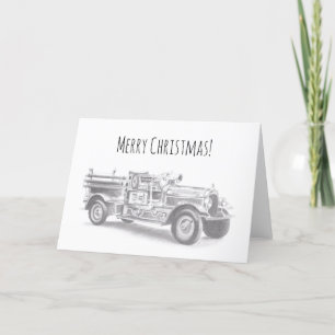 vintage brandweerauto potloodschets brandvman teke feestdagen kaart