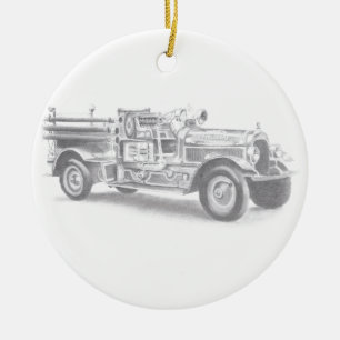 vintage brandweerauto potloodschets brandvman teke keramisch ornament