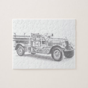 vintage brandweerauto potloodschets brandvman teke legpuzzel
