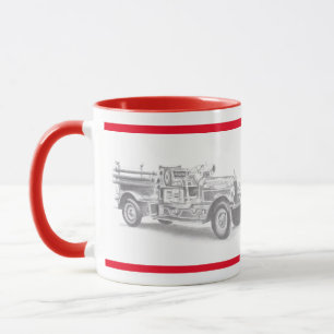 vintage brandweerauto potloodschets brandvman teke mok