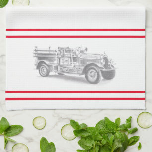 vintage brandweerauto potloodschets brandvman teke theedoek