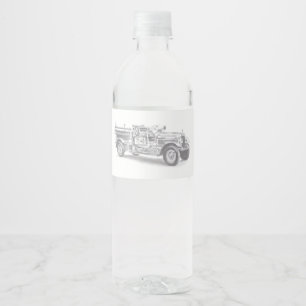 vintage brandweerauto potloodschets brandvman teke waterfles etiket