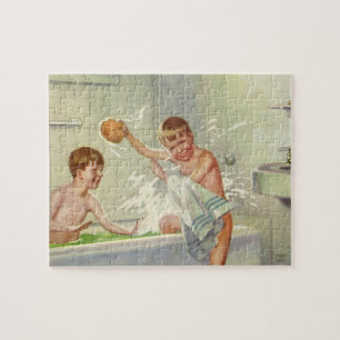 Vintage Broers, Kinderen, Jongens Splashing in Tub Legpuzzel