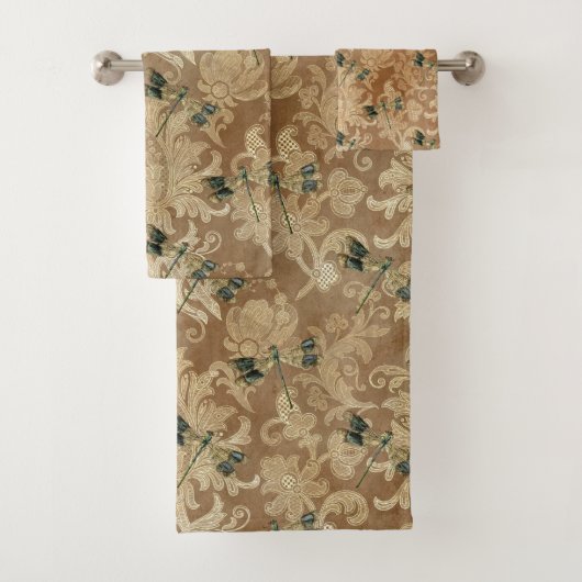 Vintage Brown Damask Floral Green Dragonflies (En situation)