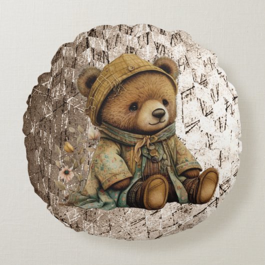 Vintage Brown Teddy Bear Rond Kussen (Voorkant)