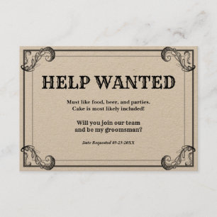Vintage bruidsjonker hulp gevraagd advertentie kaart