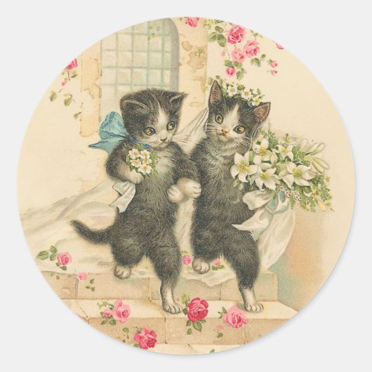 Vintage bruiloft kat huwelijk ronde sticker (Voorkant)