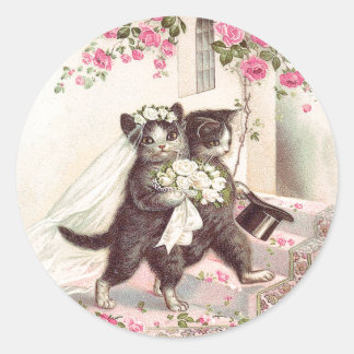 Vintage bruiloft katten bruid en bruidegom ronde sticker