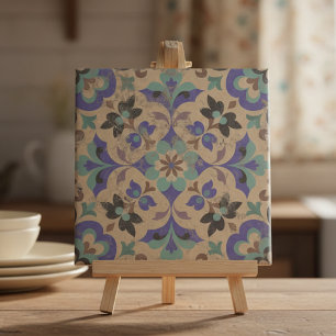 Vintage bruine beige turquoise paarse bloemmotief tegeltje
