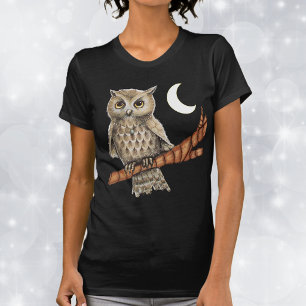 Vintage bruine uil halsketting halvemaan sterren t-shirt