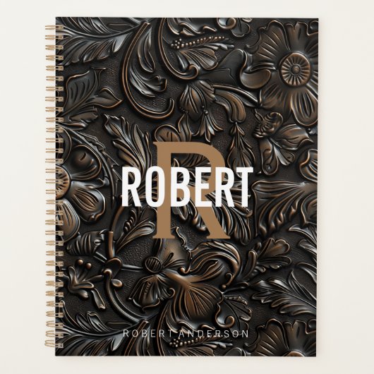 Vintage brun foncé nom monogramme en cuir (Devant)